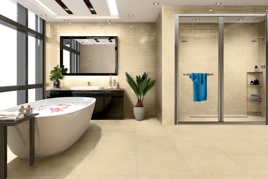 large square beige tile flooring in bathroom